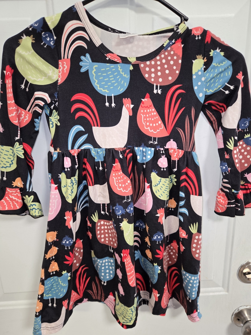 Girls' Black Chicken Print Long-Sleeve Dress - Multi